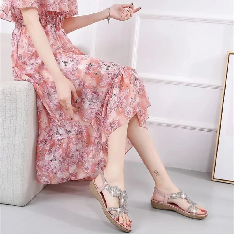 2025 Women sandals Rome casual shoes cross strap top woman summer shoes beach sandals flat pink bandage