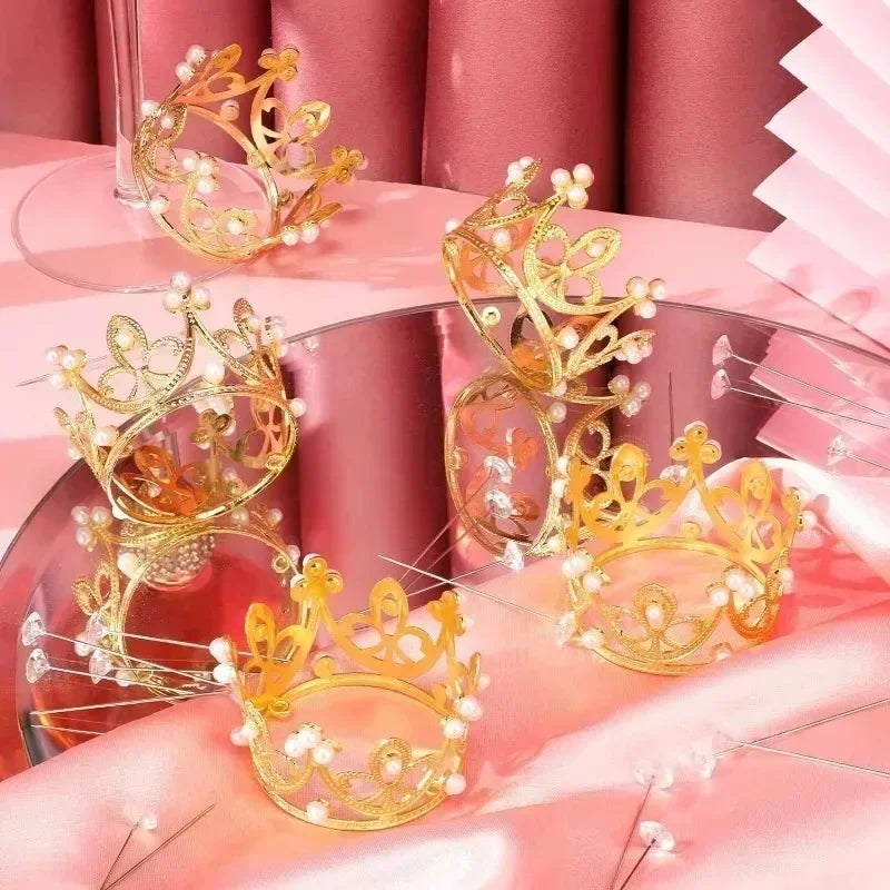 20/1Pcs Mini Crown Cake Decoration Pearl Tiara Gold Silver Crowns Cake Topper for Children Hair Ornaments Wedding Birthday Party