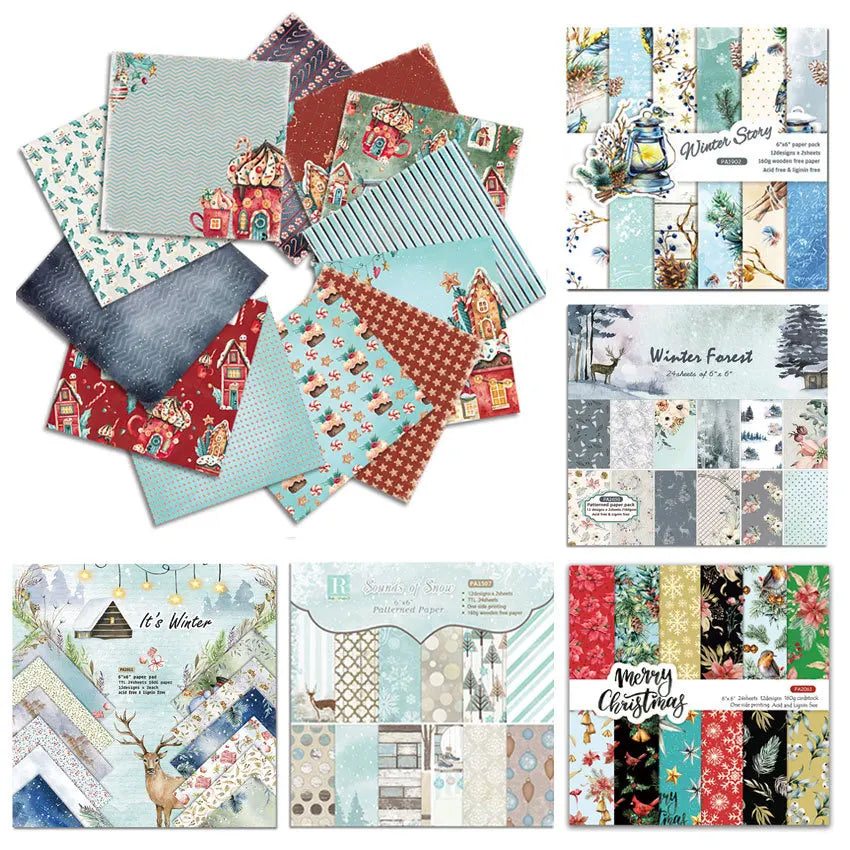12/24 Vintage Scrapbooking Papers 6 inch Christmas Winter Design Pattern Paper for DIY Album Scrapbook Junk Journal Supplies