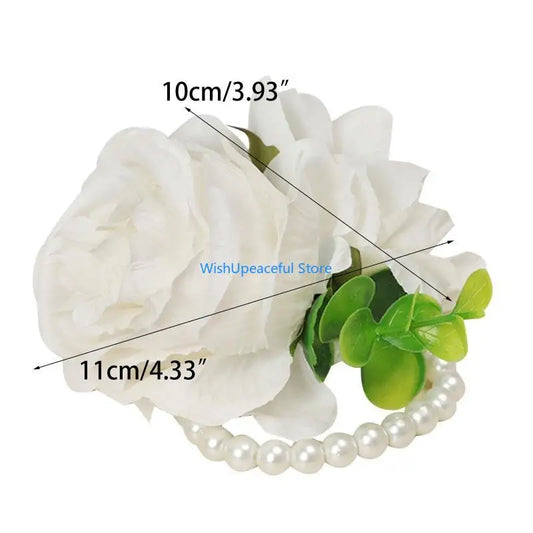 34YA Artificial Rose Wrist Corsage Wristband with Greenery Leaves Wedding Pearls Wristlet Hand Flowers for Women Bride Party