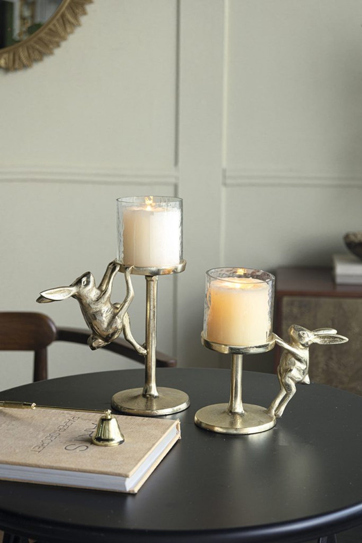 Gold Rabbit Pillar Candle Holder with Glass Hurricane, 11 in Tall