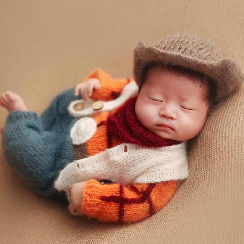 Hand Knitted Wolf Pup Footed Outfit Set Baby Boy Animal Romper Newborn Photography Prop Fuzzy Crochet Teddy Bear Overall Clothes