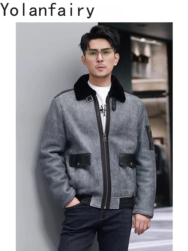 YOLANFAIRY Short Natural Fur Coat Man Fashion Genuine Sheepskin Leather Jacket Men Winter Slim-fit Warm Leather Fur Jackets 2025