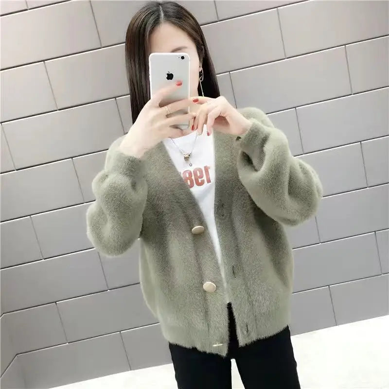 Women Autumnn New Chic Fashion Fluffy Soft Plush V-neck Knitted White Cardigan Sweater Coat Korean Fashion Tops Y2k