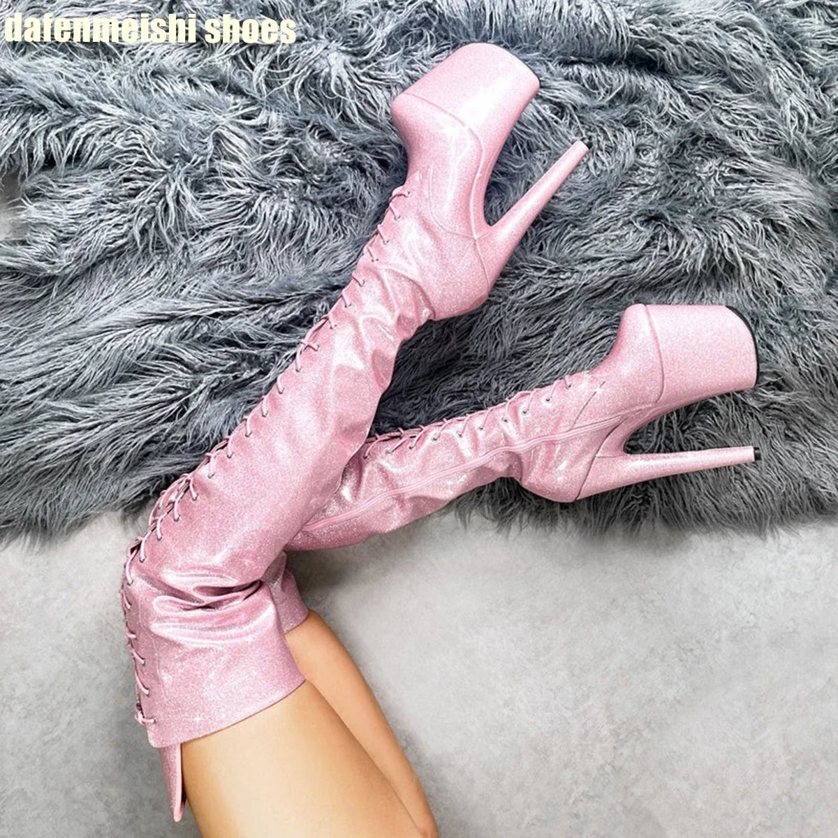 Red Round Toe Lace Zipper High Heels Over The Knee Boots Shiny Patent Leather Women Platform Boots Sequins New Fashion Shoes