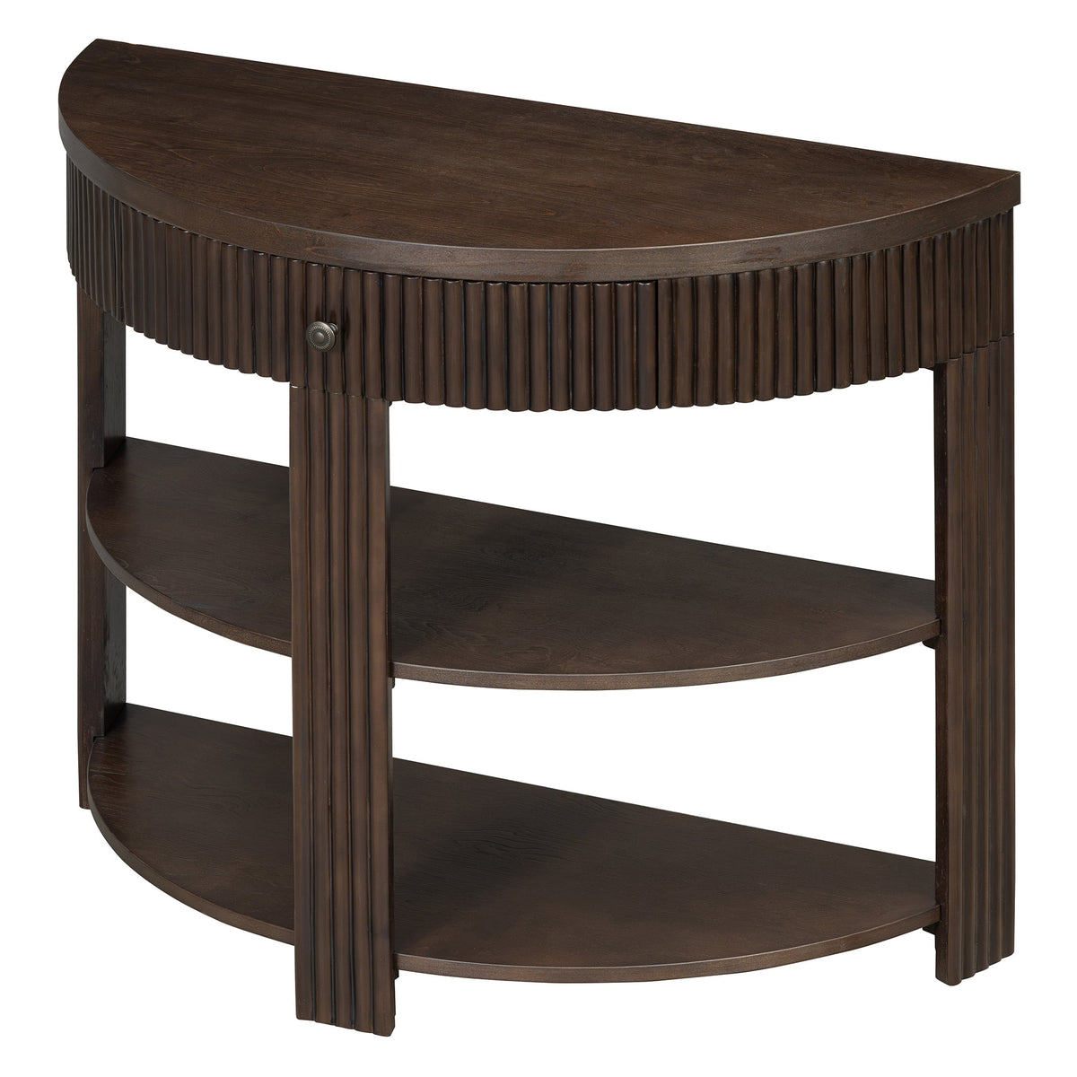 Fluted Half Moon Console Table with Drawer and 2 Shelves for Entryway,