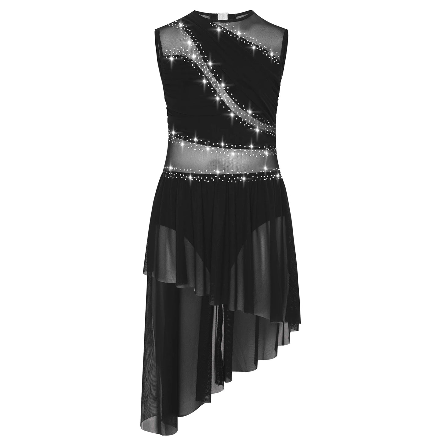 Kids Girls Ballet Dance Dress Figure Ice Skating Dancewear Open Back Asymmetrical Hem Rhinestone Sheer Gymnastics Leotard Dress
