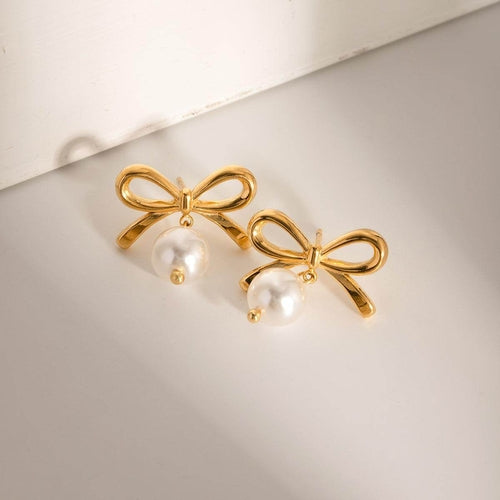 Stainless Steel Bow Pearl Earrings for Elegant Style