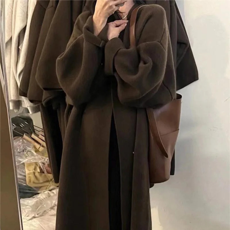 Women Knitted Cardigan Coats Casual Sweater Solid Extra Long Full Sleeves Open Stitch Loose Fit Elegant Office Lady 2025 Autumn