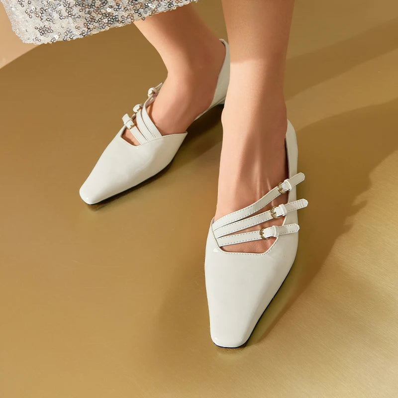 BEAUTODAY Pumps Women Patent Leather Pointed Toe Buckle Straps Shallow Mary Janes Summer Ladies Party Shoes Handmade 30096