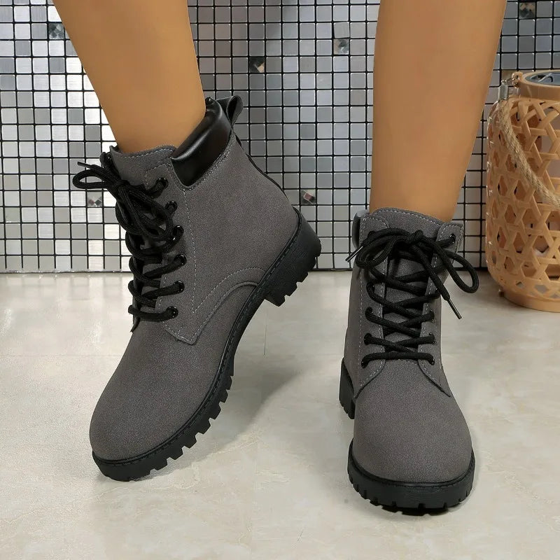 Lace-Up Front Block Heel Single Boots Women's Fashion Round Toe Suede Anti-Slip Wear-Resistant Booties