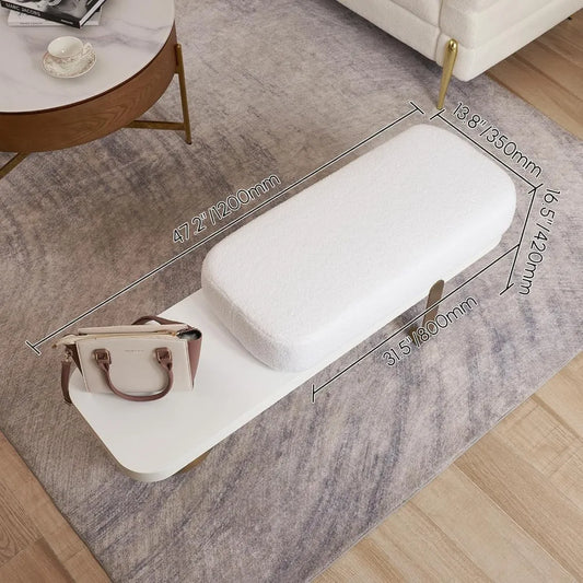 Entryway Bench, Wooden Bench Boucle Upholstered Bench with Abstract Metal Leg for Entryway/Bedroom/Living Room