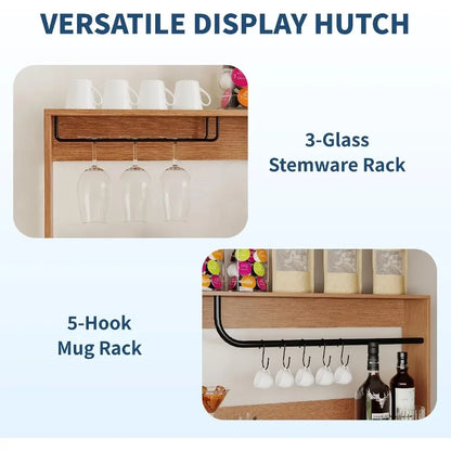 Wine bar cabinet with fridge space and top display hutch for home entertainment, black metal and wood, sleek modern design with