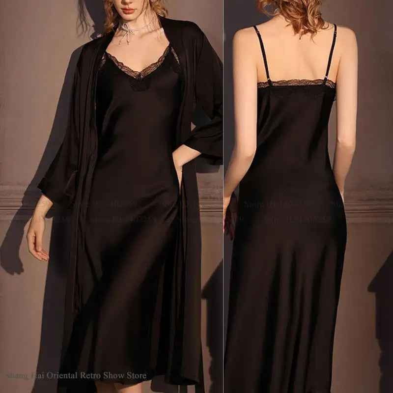 Elegant Female Twinset Robe Set Long Kimono Bathrobe Gown Sexy Lace Nightgown Lingerie Spring Autumn New Sleepwear Home Dress