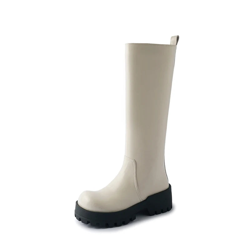 2025 New Platform Women Riding Boots Genuine Leather Knee-high Modern Rain Boots Outdoor Party Shoes