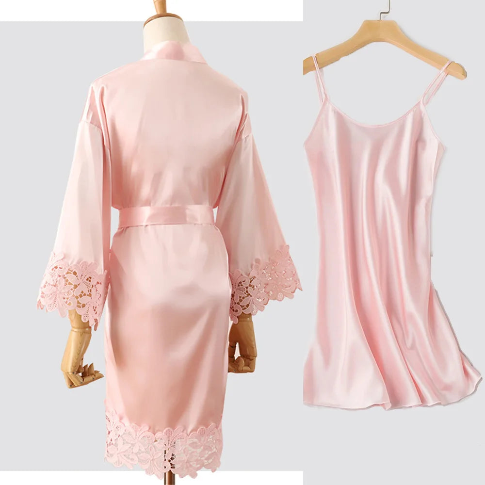 Sexy Lace Bride Bridesmaid Kimono Dresses Robes Women Home Gown Intimate Lingerie Wedding Robe Set Night Sleepwear Bathrobe 2PCS
