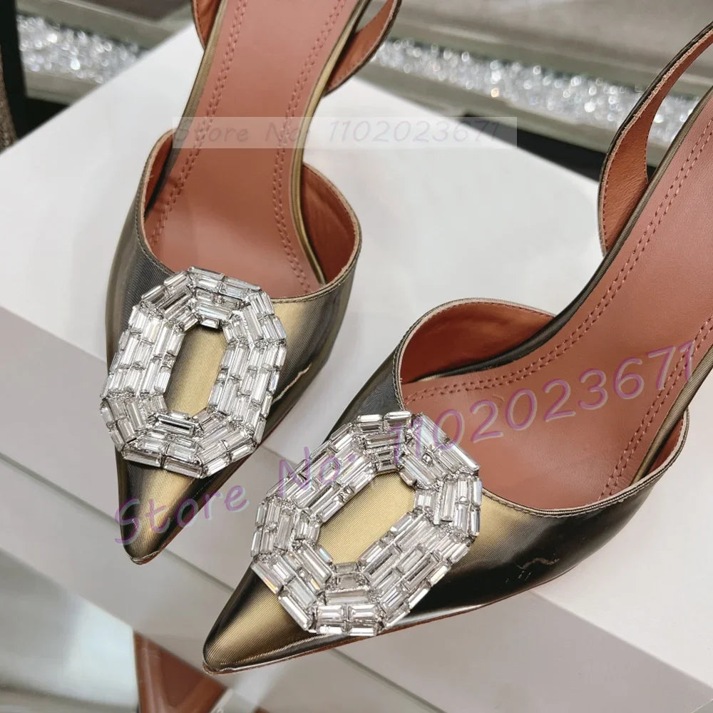 Ombre Color Pointy Back Strap Sandals Women New Elegant Crystal Buckle Dark Gold Dress Shoes Ladies Summer Party Sexy Sandals