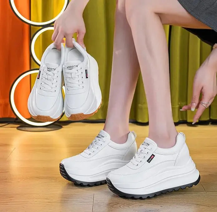 8CM Heel Sneakers Genuine Leather White Platform Sneakers for Women Chunky Platform Women New Fashion Sneaker Shoes Wedge Heel