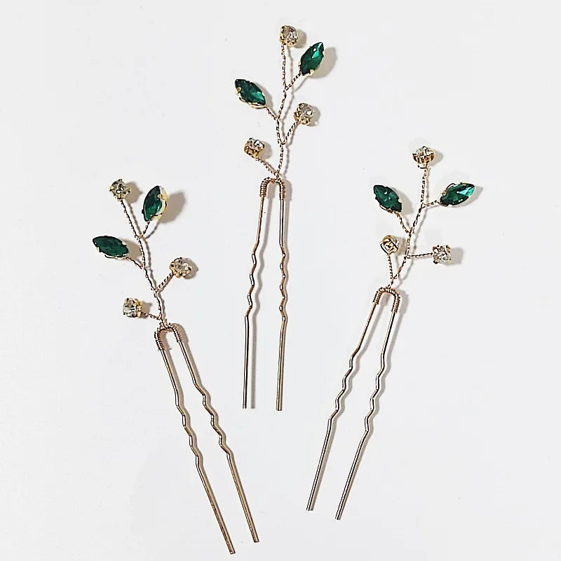 Green Color Rhinestone Hair Combs Bridal Hair Jewelry Leaf Hairpins Pearls Hairpins Bride Wedding Headdress Headband