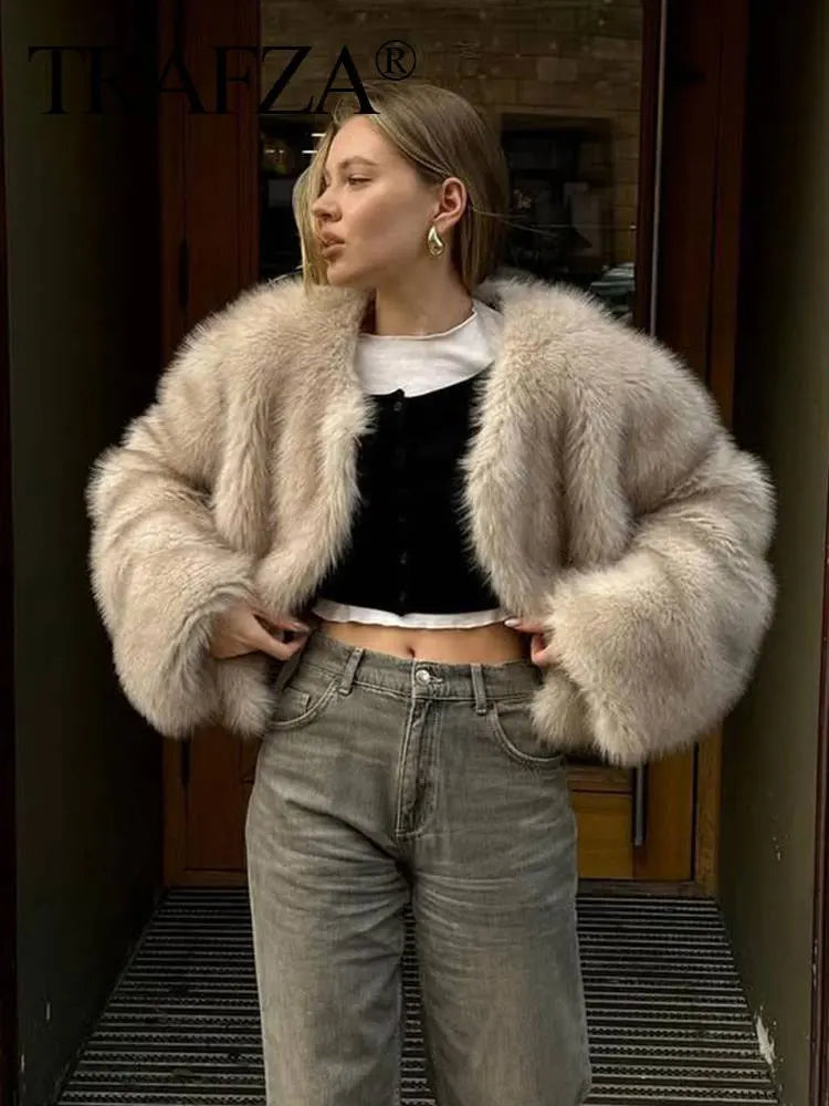 TRAFZA Women Fashion Solid Faux Fur Coat O Neck Long Sleeve Cropped Jacket Autumn Winter Female Fashion High Street Outerwear