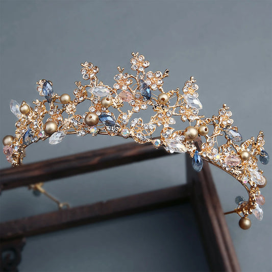 Handmade Bride Wedding Tiaras and Crowns Gold Color Alloy Flower Designs Baroque Headbands Shiny Rhinestone Designs Hair Jewelry