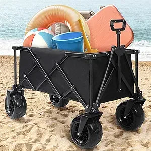 Beach Wagon with Big Wheels for Sand, 9" All Terrain Tires Collapsible Wagon, 450LBS Heavy Duty Beach Cart with Balloon Style W