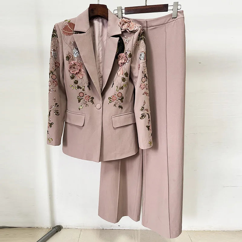 Autumn Luxury Two Piece Set Women Blazers Suit Coats Beaded 3D Flower Jacket Long Wide-Leg Pants Suits Crystal Formal Outfits