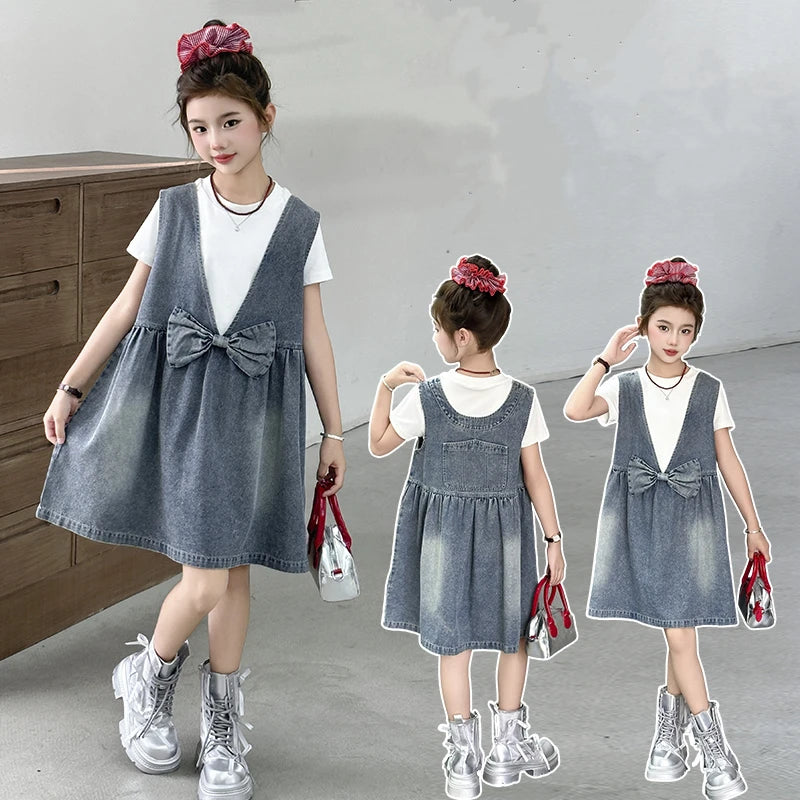 Kids Fashion Reversible Clothes Loose Fit Sleeveless Denim Vest Dress with Bow for Teens Girl Street Outfit Child Jeans Dress