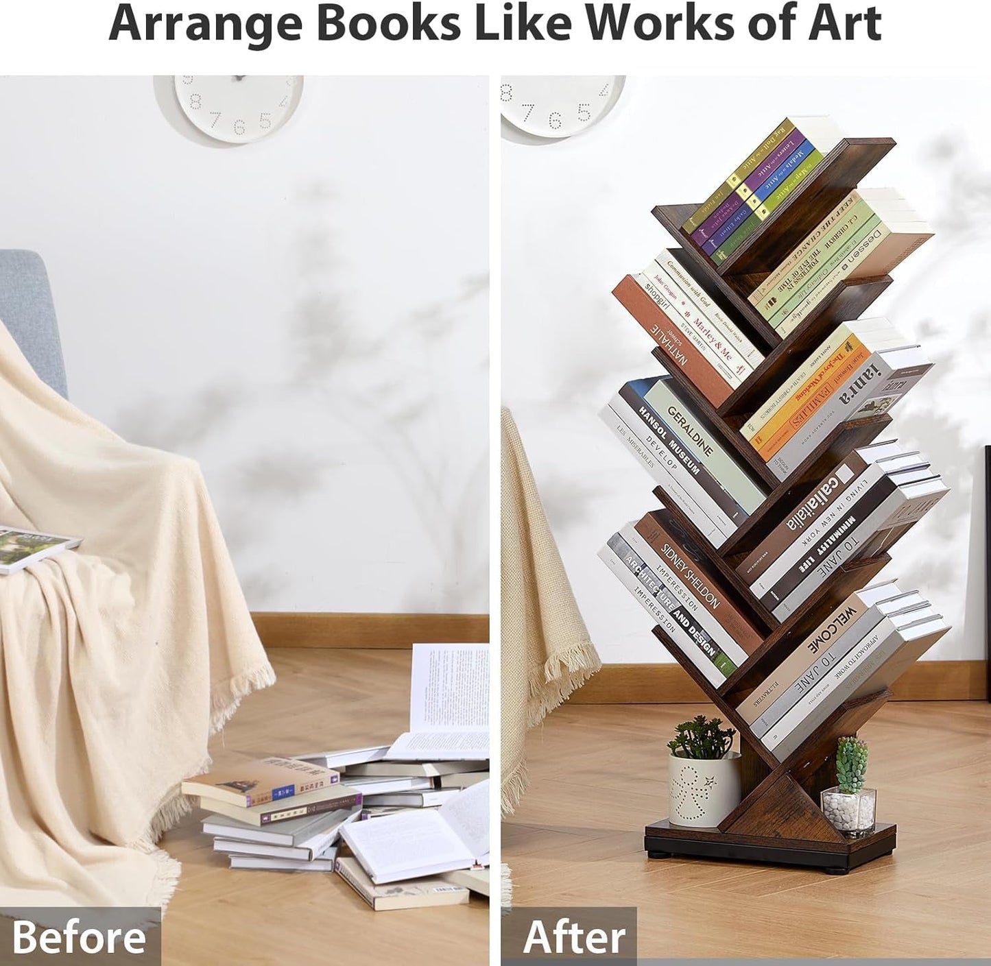 8 Tier Tree Bookshelf Floor Standing Bookcase For Books CDs Rustic