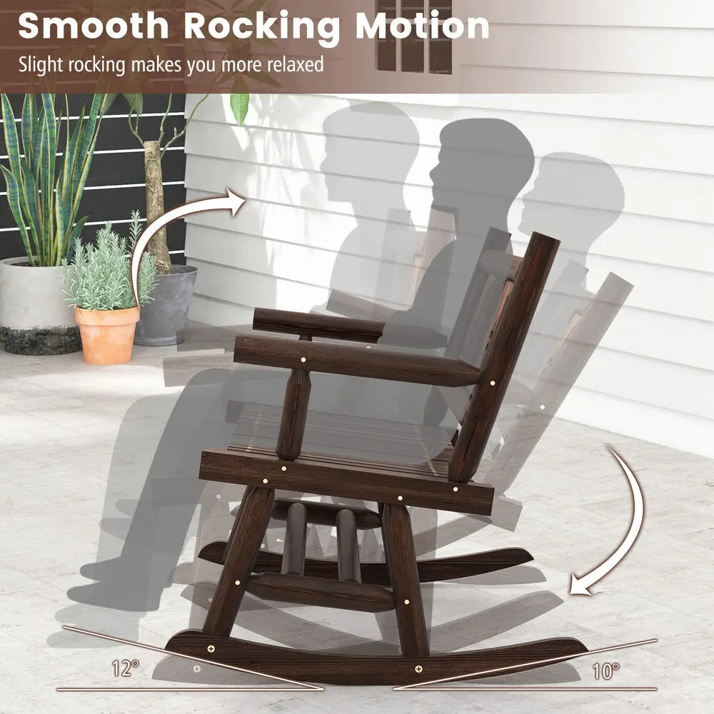 Patio Rocking Bench Carbonized Wood Double Rocker Chair w/ Ergonomic Seat
