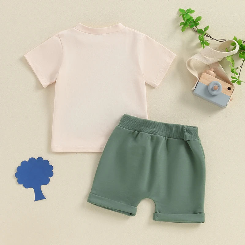 Toddler Boys 2-Piece Outfit Cute Bear Print Tee with Matching Elastic Waist Shorts for Summer Playtime