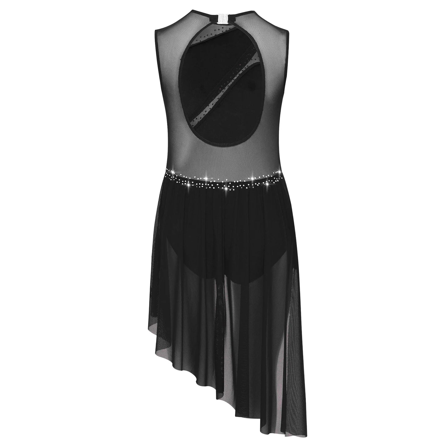 Kids Girls Ballet Dance Dress Figure Ice Skating Dancewear Open Back Asymmetrical Hem Rhinestone Sheer Gymnastics Leotard Dress