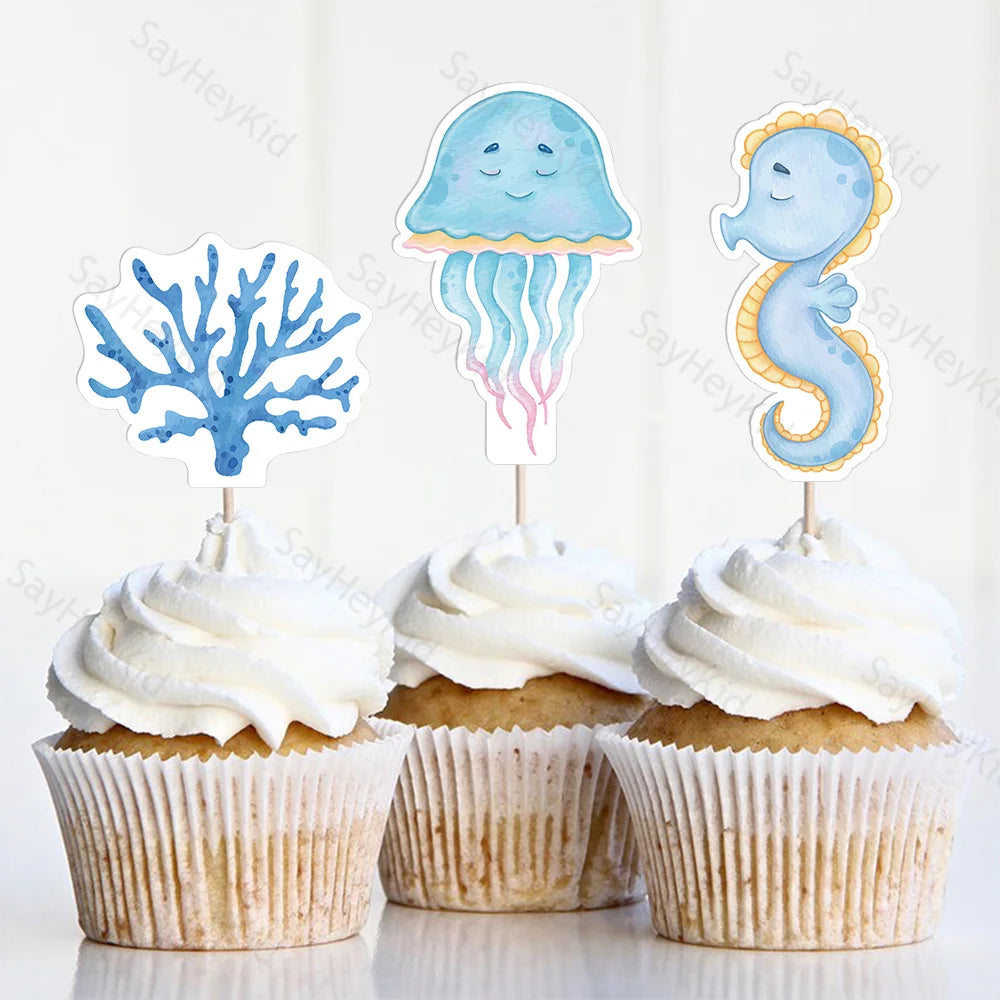 Ocean Cake Decorations Under the Sea Mermaid Cake Toppers Shell Coral Paper Cupcake Topper DIY Birthday Marine Party Cake Suppli