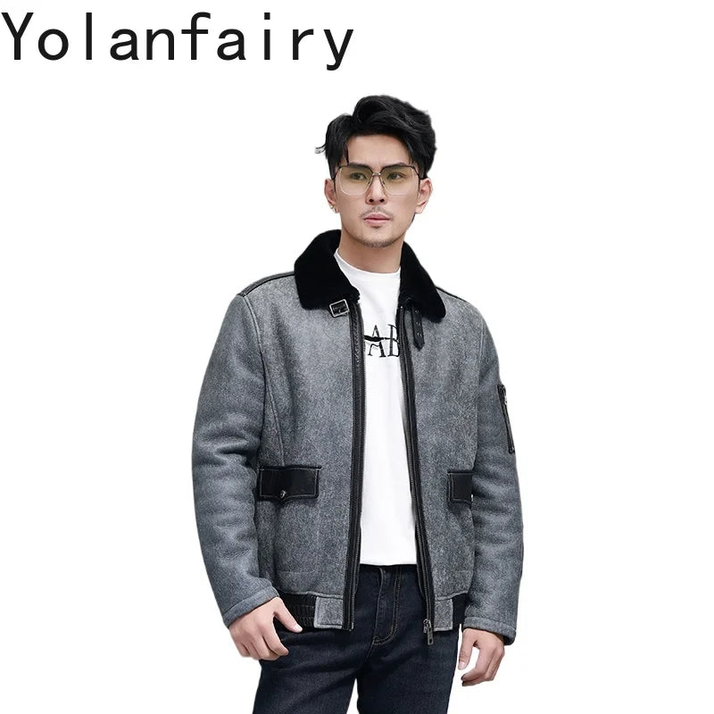 YOLANFAIRY Short Natural Fur Coat Man Fashion Genuine Sheepskin Leather Jacket Men Winter Slim-fit Warm Leather Fur Jackets 2025