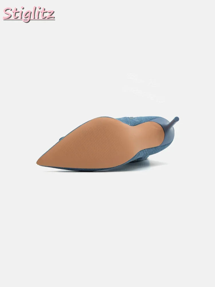 Denim Blue Pointed Boots Sewing Slim Over-the Knee Boots Stiletto Women Fashion Modern Shoes 2025 Autumn New Thin Heel Slip-on