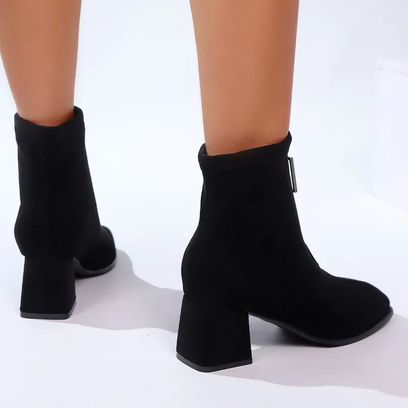 Block Heel Single Boots Women's Fashion Square Toe Suede Front Lace-Up Anti-Slip Wear-Resistant High Heel Shoe