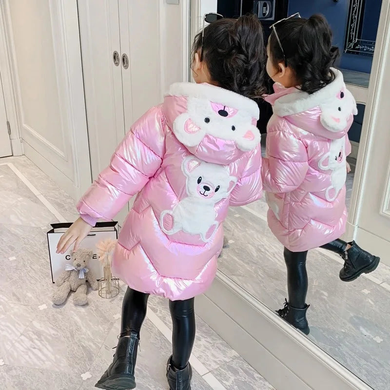 3 4 6 8 10 Years Girls Long Winter Down Jacket Cute Bear Coats For Girls Parkas Fashion Bright Hooded Child Waterproof Outerwear