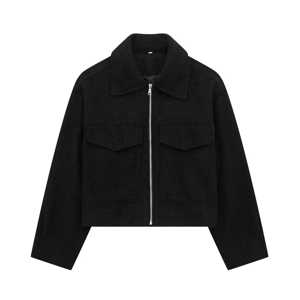 TRAFZA Women Elegant Solid Coat With Front Flap Pocket Zipper Long Sleeve Bomber Jacket 2024 Autumn Winter Casual Y2K Outerwear