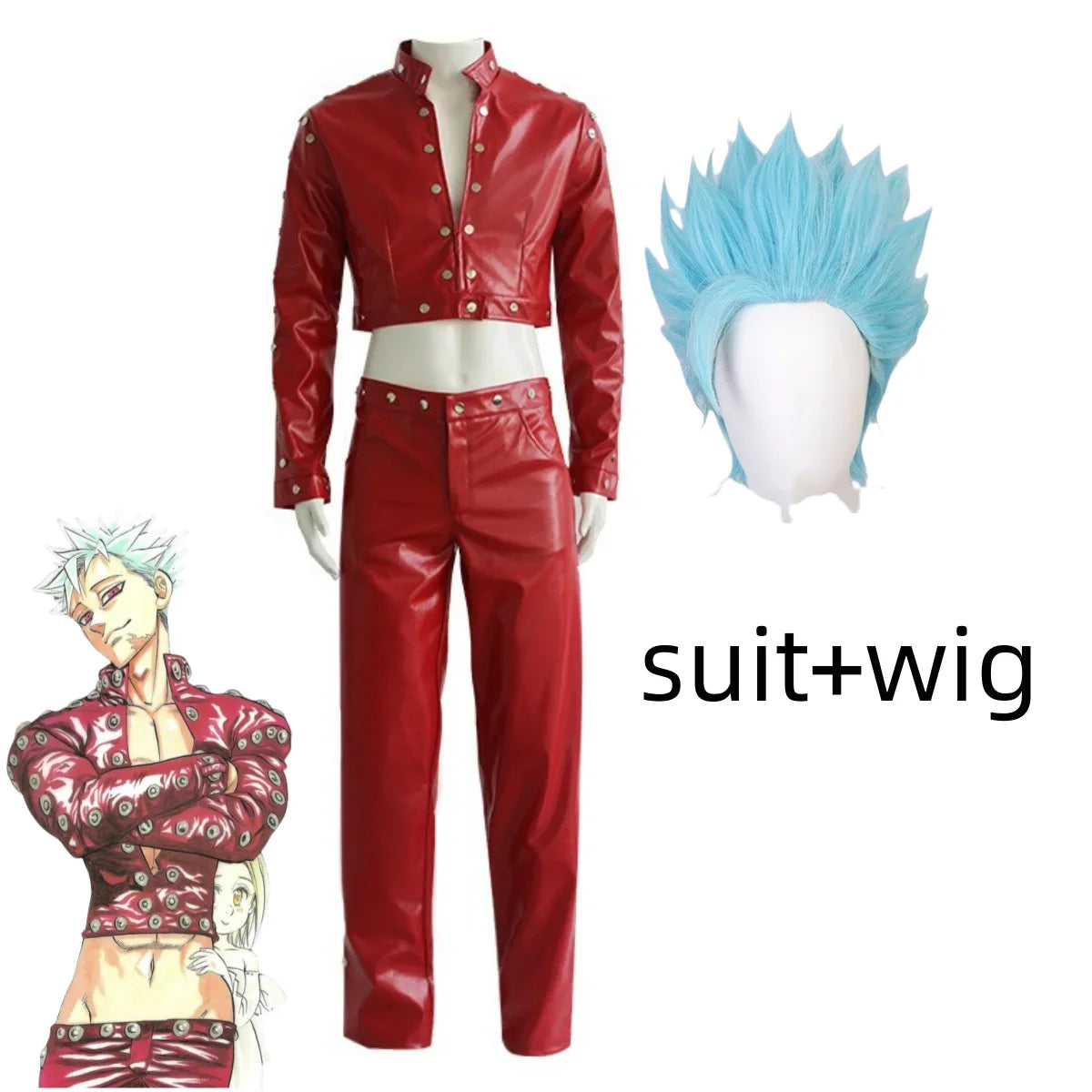 Lyou 2025 Anime Seven Deadly Sins: Wrath of The Gods Ban Cosplay Costume Red PU Coat Pants Wig Adult Man Woman Halloween Ca★★★kk