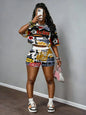 2026 New Short-Sleeve T-Shirt Set Crew Neck Casual Retro Print Hip-Hop Trend Crop Top Two-Piece Set Outdoor Sports Set
