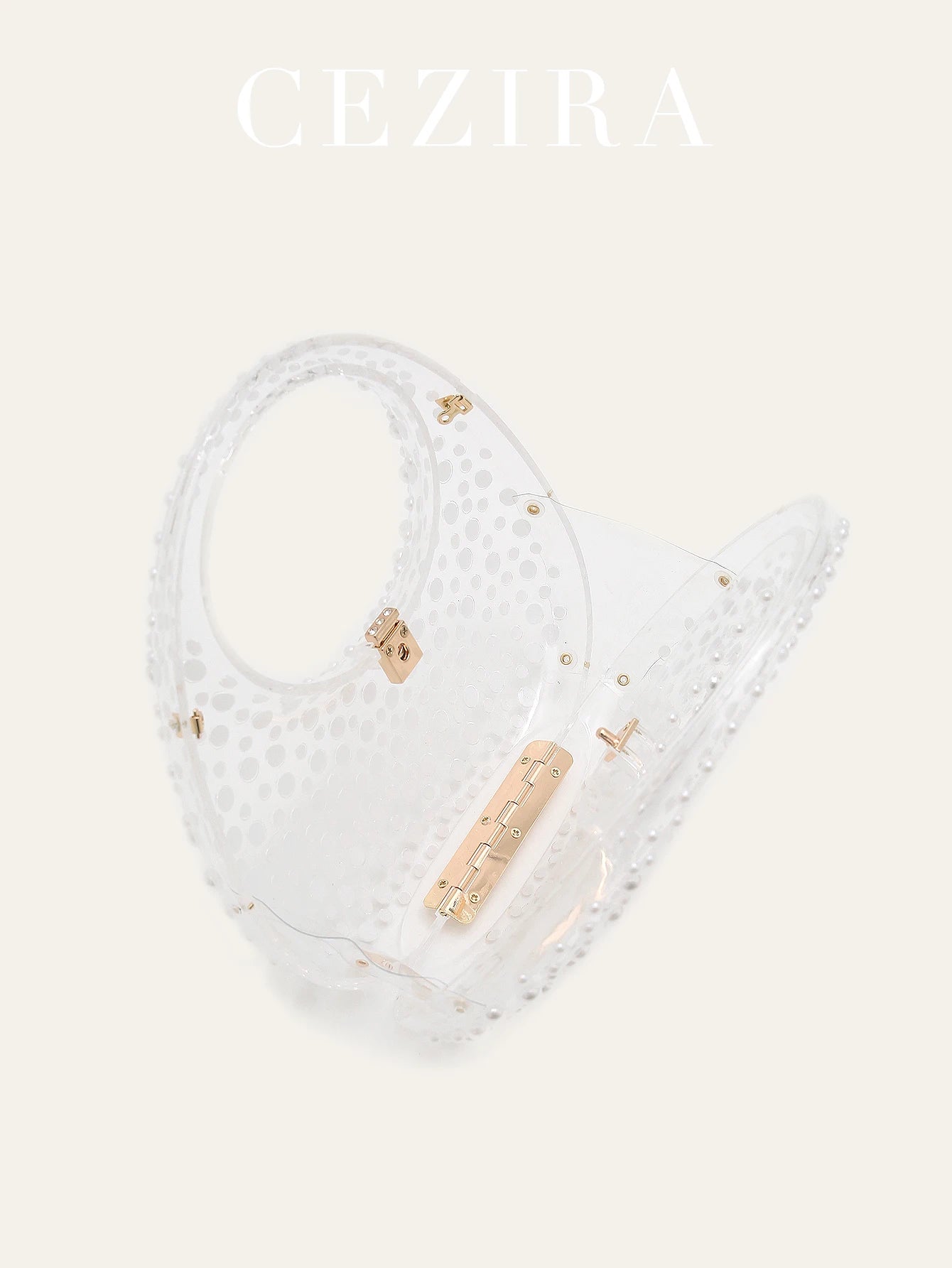 CR Women's Romantic Elegant Clear Acrylic Top-handle Bag Luxury All Over Pearls Long Chain Evening Purse Bride Handbag Wedding