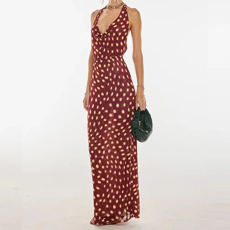 Sexy Sleeveless High Waisted Beach Dress Casual Printed Backless Long Dress 2025 New Women's Neck Hanging Hollow Slim Fit Dress
