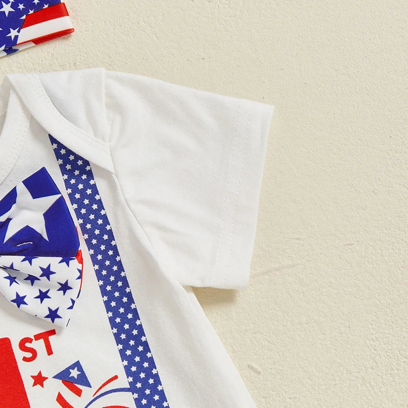 Baby Boys Patriotic Outfit Short Sleeve Jumpsuit and Elastic Star Stripe Shorts and Hat Set 3 Piece Clothes Set