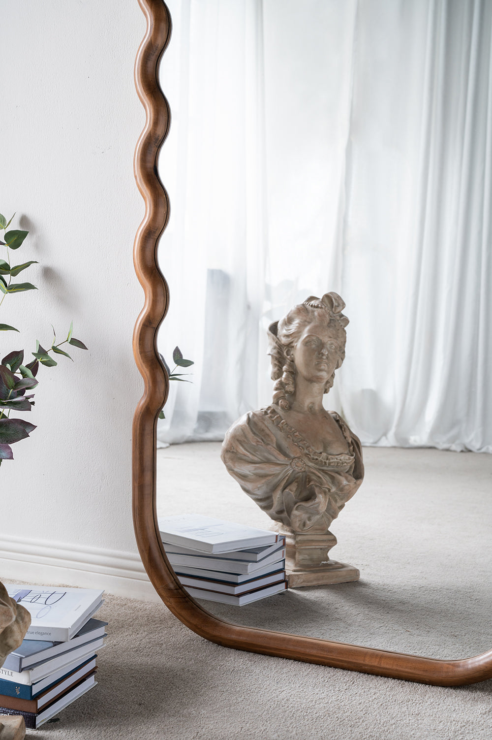 Oversized Curved Wood Frame Floor Mirror, Brown, 31.4 × 74 in
