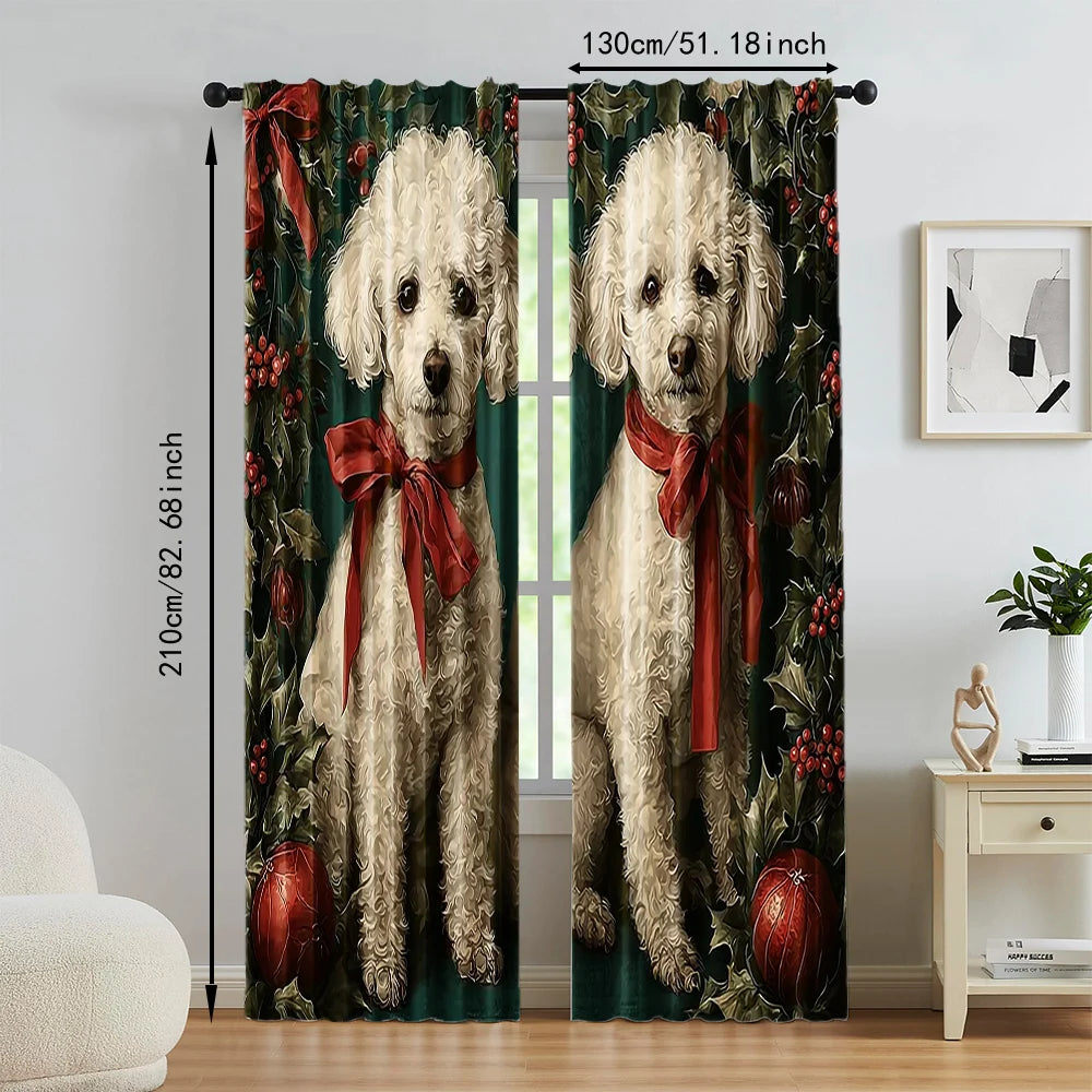 2pcs 2D flat printing Window Curtains Christmas Dog Versatile 100% Polyester Without Electricity Versatile for Classroom Office