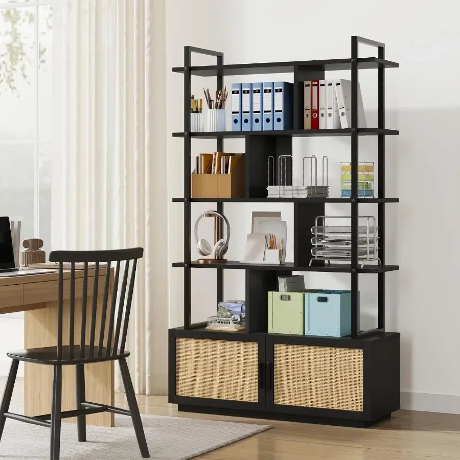 5-Tier Rattan Bookshelf with Storage Cabinet Door 71.1-Inch Tall Industrial Bookcase for Living Room Black Metal Frame Woven Ra