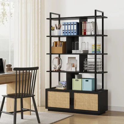 5-Tier Rattan Bookshelf with Storage Cabinet Door 71.1-Inch Tall Industrial Bookcase for Living Room Black Metal Frame Woven Ra