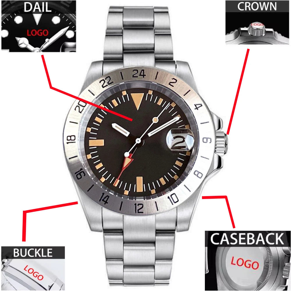 Customized Logo NH34A Movement Sapphire Glass Black Dial Luminous Mechanical GMT Watch Men Bracelet Business Dress Clock 10ATM