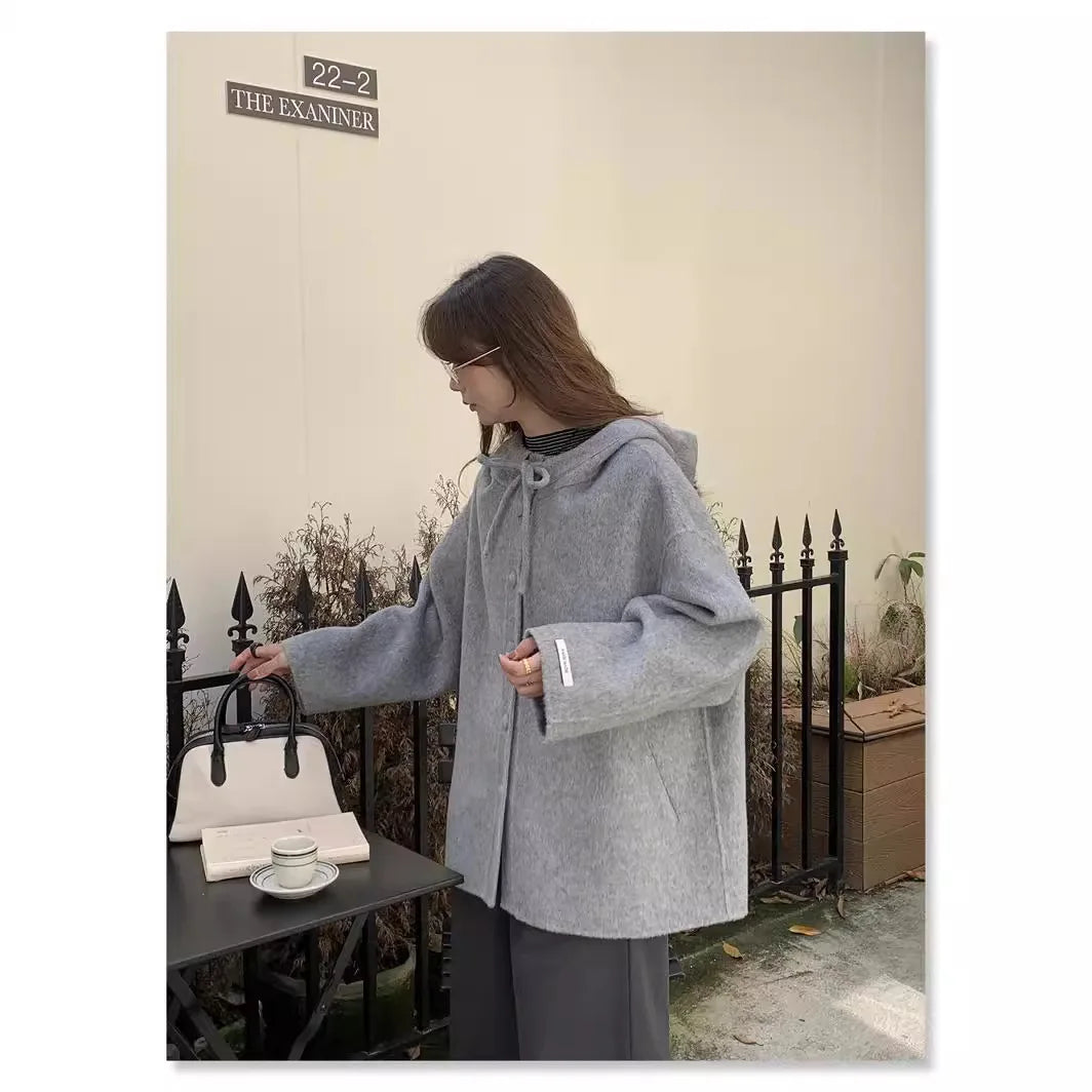 UMI MAO Woolen Coat Women Autumn Jacket New Double-Sided Wool Coat Bowknot Korean College Style Small Size Hooded Wool Coat