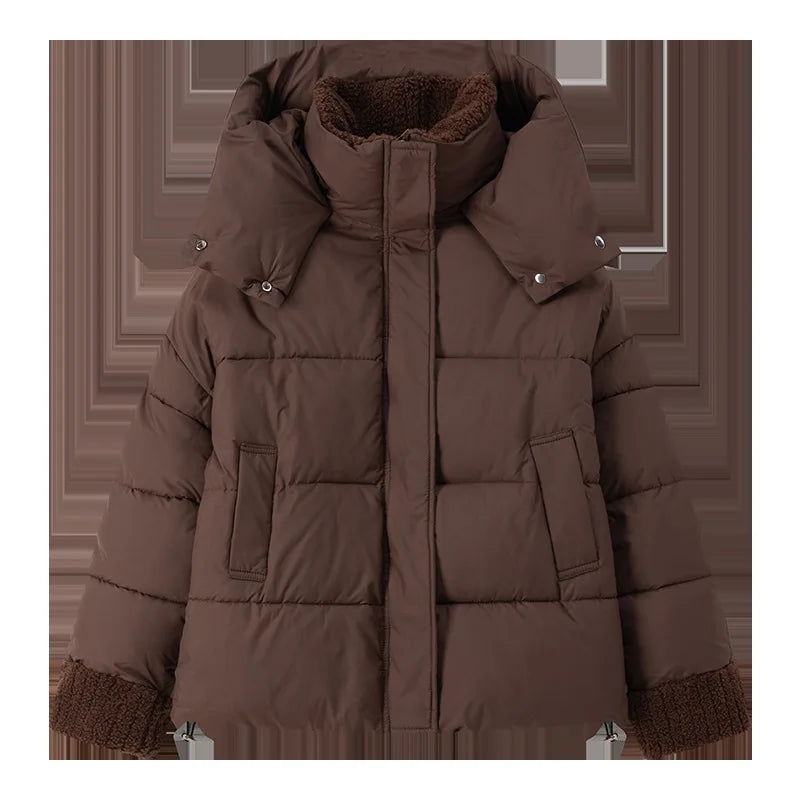 Winter Female's Parka Jacket Pure Color Zipper Lambswool Turn Down Collar Pockets Women's Coat Minimalsit Casual Coat For Women